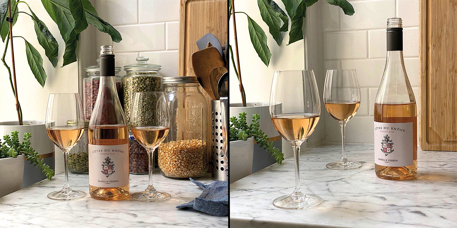 An open bottle of rosé alongside two glasses of rosé