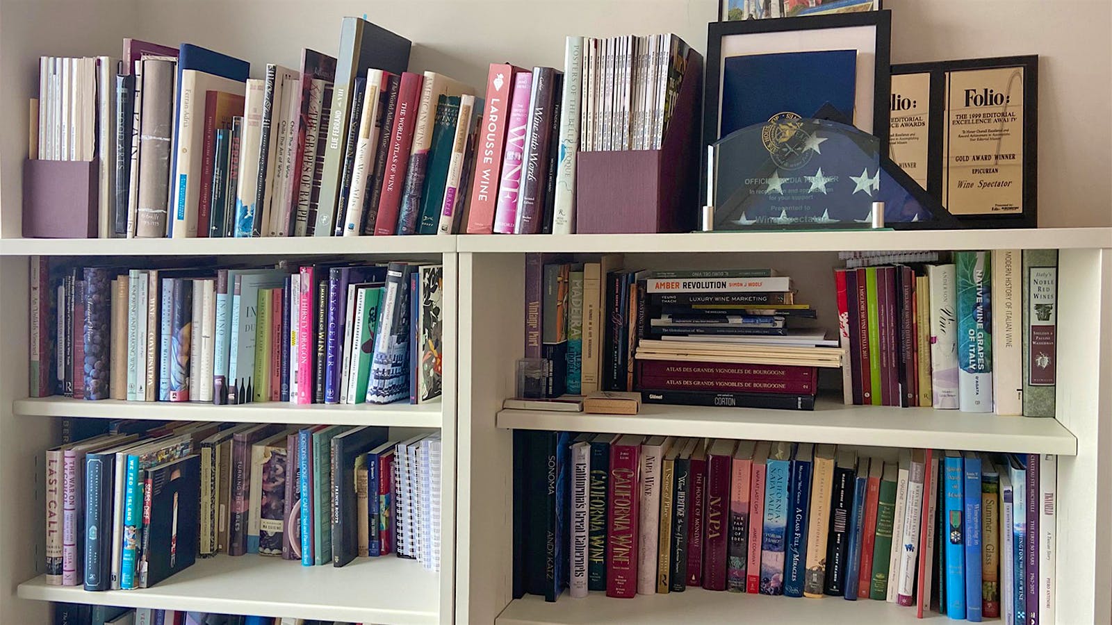 Shelves of wine books in Thomas Matthews' office