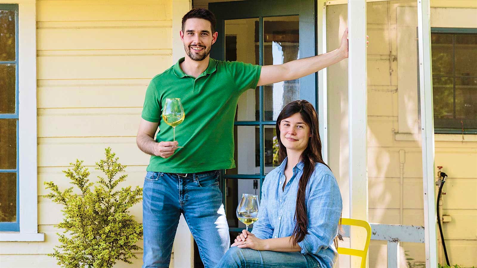 Alan and Claire Ramey on the front porch of Ramey winery in Sonoma, California