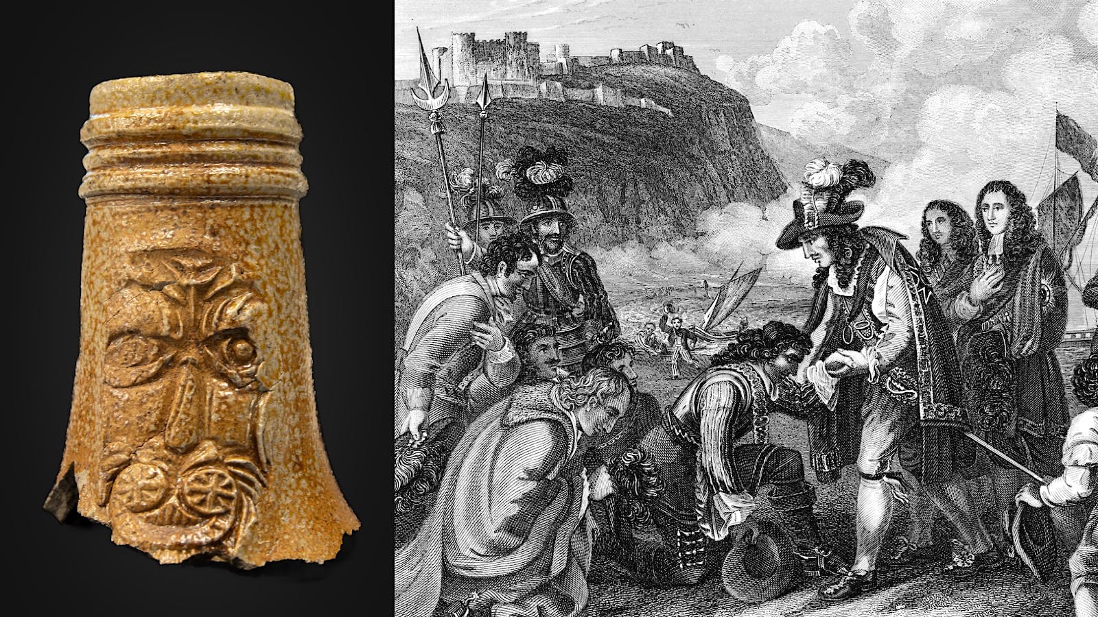 A composite image of a fragment of a Bellarmine jug found by archaeologists, and an etching of Charles II in Dover, England in 1660, where archaeologists may have unearthed remnants of a tavern.