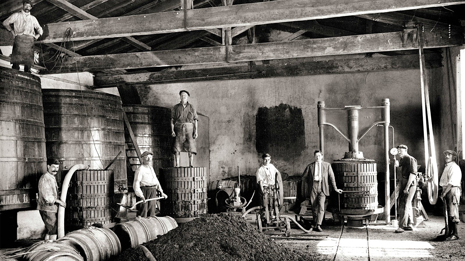 Archival image of Georges Delmas overseeing operations in the Château Haut-Brion vat room, 1924