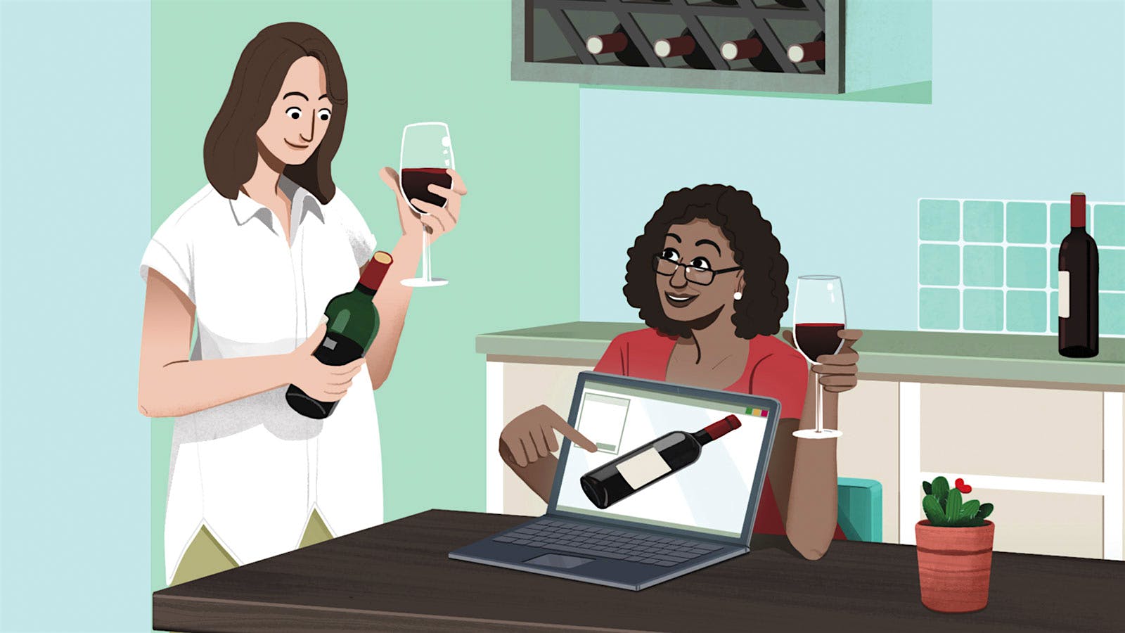 An illustration of two women drinking wine and shopping for another bottle online.