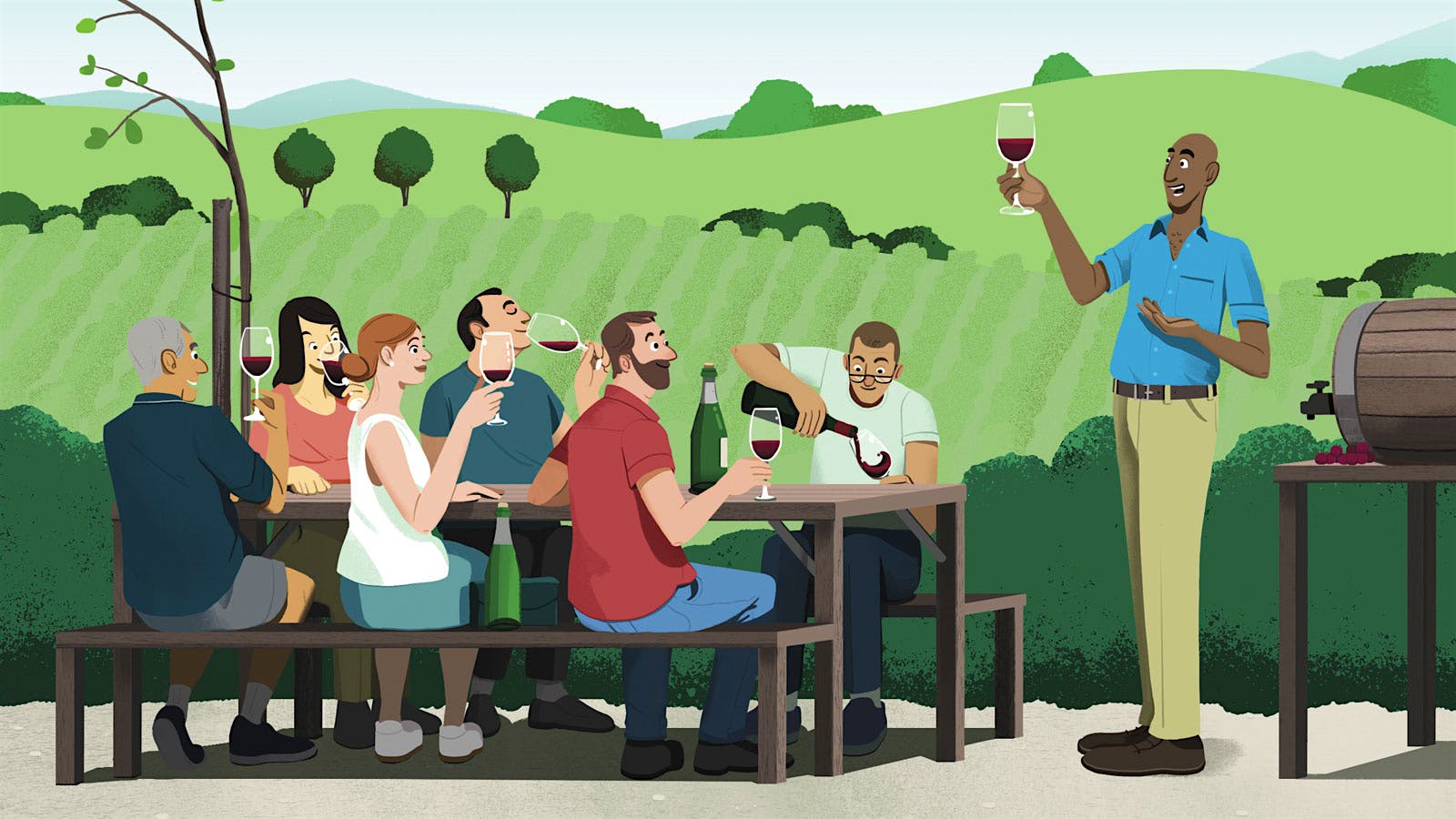 An illustration of people drinking wine at a table outside a winery, listening to a winery tour guide.