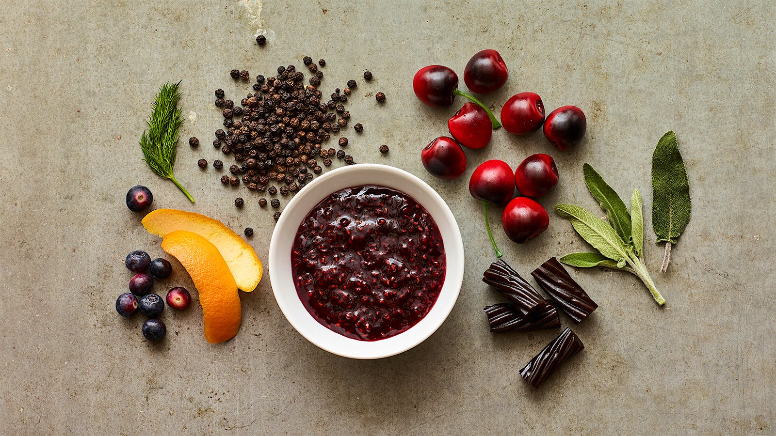 Blueberries, dill, orange peel, black peppercorns, raspberry jam, cherries, licorice, sage