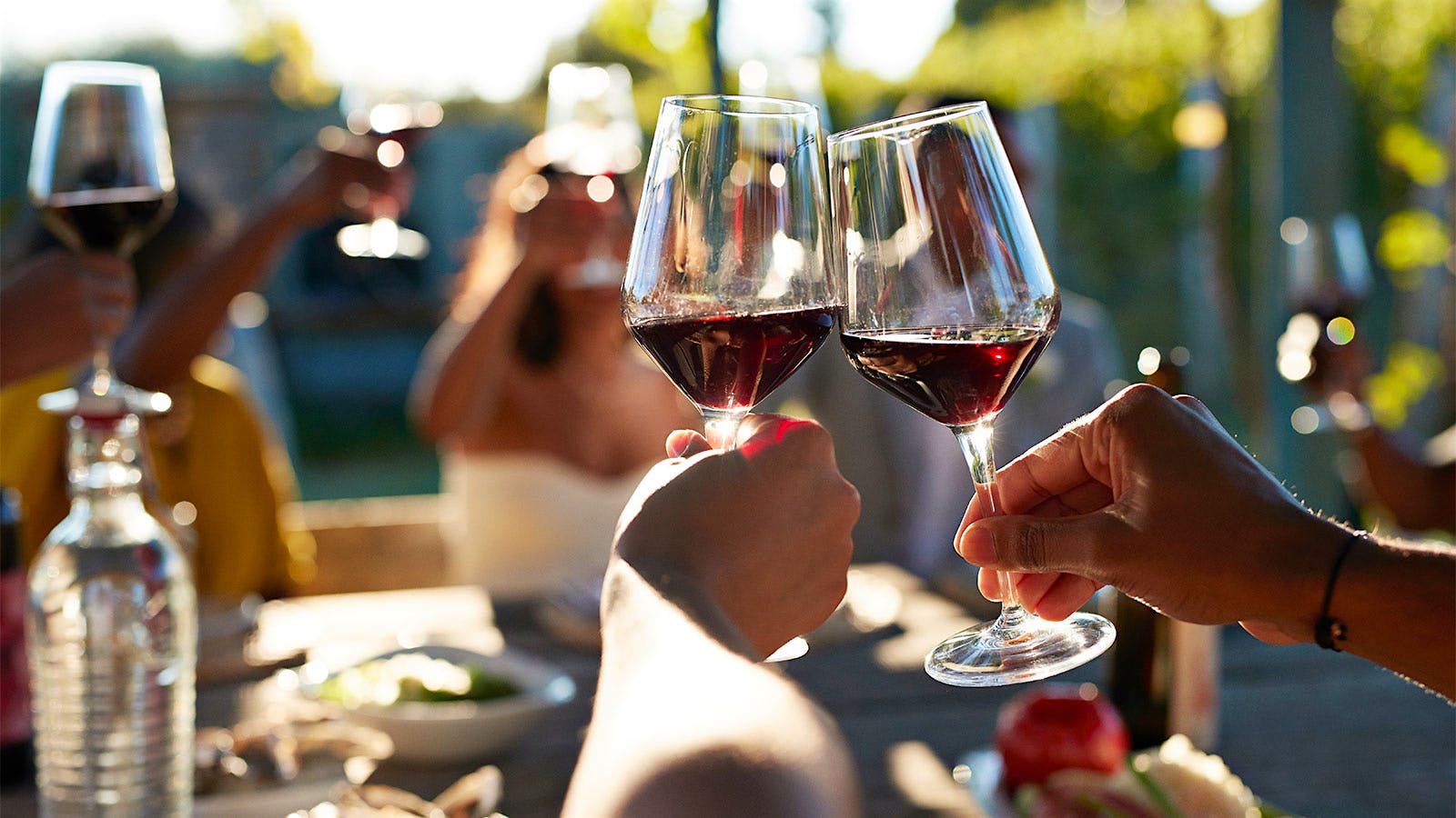 People clinking glasses of red wine together during a toast