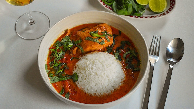 8 & $20: Thai Red Curry Salmon with Bell Peppers