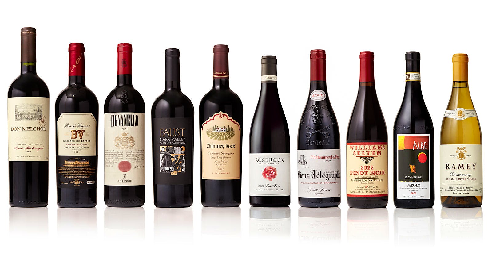 Bottles of Wine Spectator’s Top 10 Wines of 2024, including wines from Chile, California, Tuscany, Oregon, the Rhône Valley and Piedmont