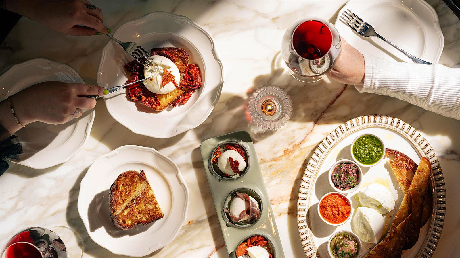 An assortment of dishes from the mozzarella bar at Osteria Mozza, Washington, D.C.