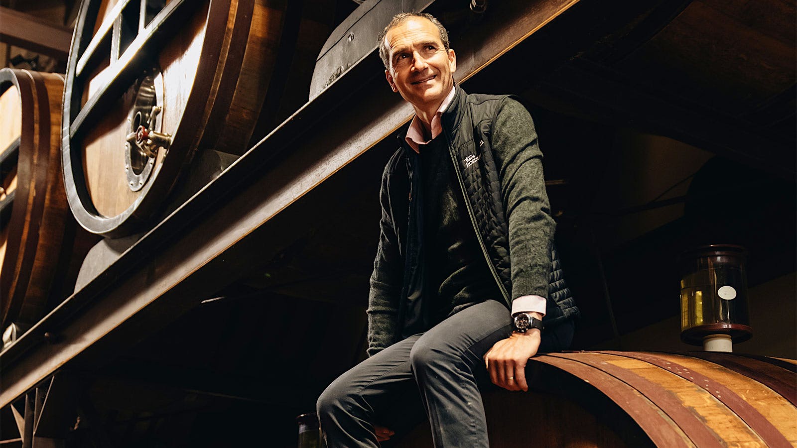 Arnaud Weyrich, winemaker for Roederer Estate, in the winery's barrel room in Anderson Valley, California